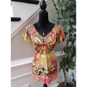 OneWorld Blouse Women's PL Multicolor Boho Chiffon Abstract Print V Neck Top